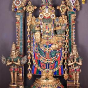 Brass Tirupati Balaji with Hanuman & Garuda | 60.5" Divine Masterpiece | 155kg Temple Sculpture | Meenakari Prabhavali Frame | Jaipurio